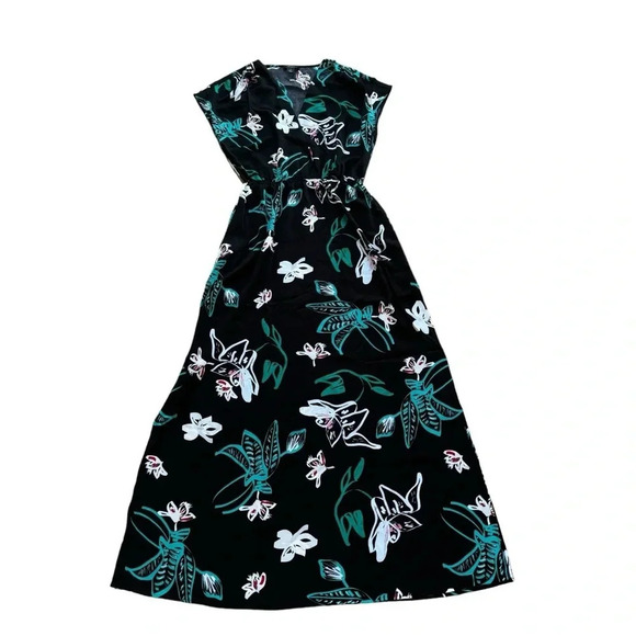 Halogen Black Green Floral Faux Wrap Maxi Dress Slit Short Sleeve Sz XS - Picture 1 of 10